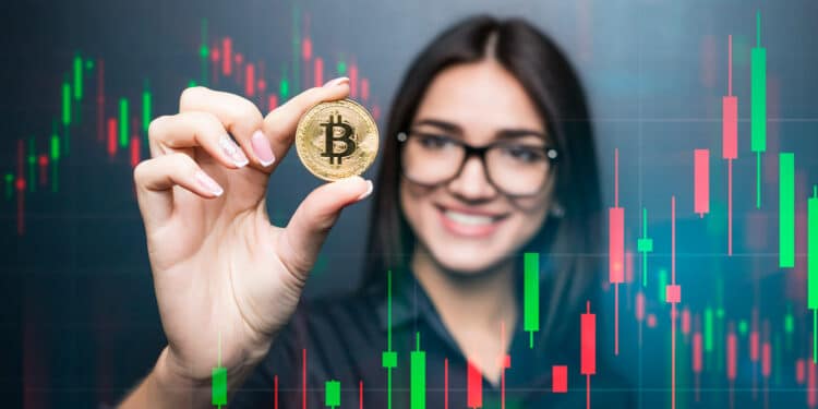 Mujer y critomoneda bitcoin.