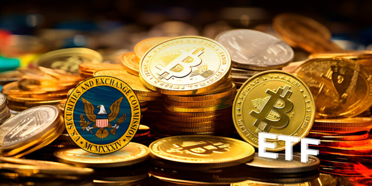 Logo de la sec, bitcoin y etf.