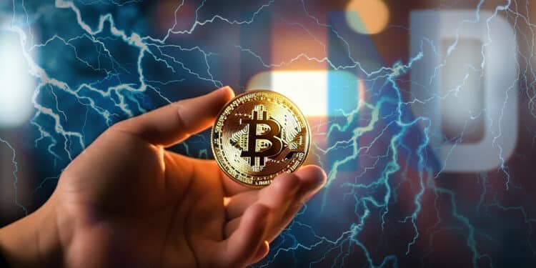 mano sosteniendo moneda de bitcoin con relampagos y logo de LND en el fondo