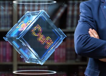 cubo de DeFi junto a hombre con brazos cruzados y biblioteca legal en el fondo