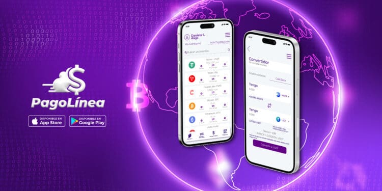 Logo de PagoLinea y dos imágenes de su app en un teléfono móvil.