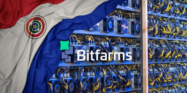 Mineria de bitcoin, bandera de Paraguay y logo de bitfarms.