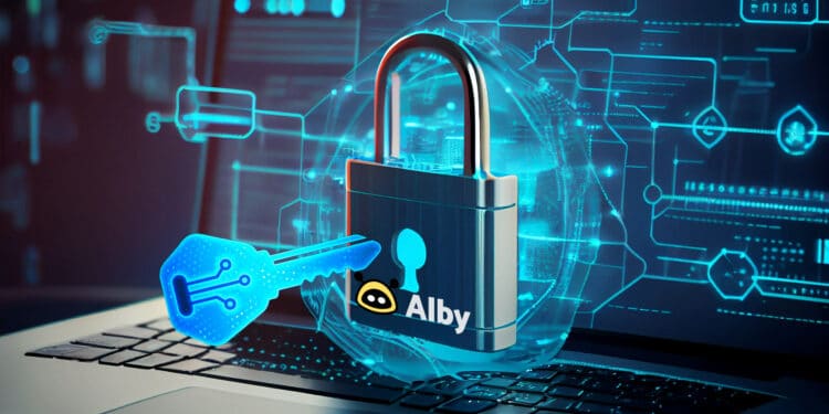 Llave, candado y logo de la wallet bitcoin Alby.