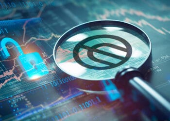 Worldcoin, lupa y candado abierto.
