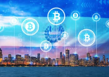 ciudad con startups de bitcoin y bandera de El Salvador en el fondo