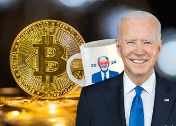 Bitcoin, Biden y taza de Biden con ojos de rayo láser.