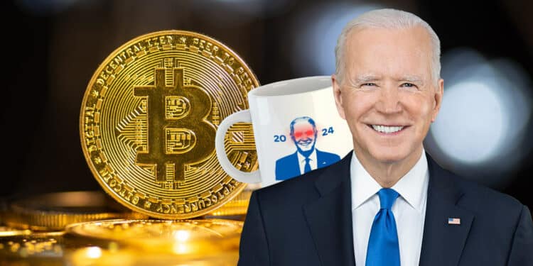 Bitcoin, Biden y taza de Biden con ojos de rayo láser.