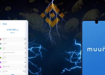 monederos Breez y Muun entre red de relampagos desconectada con logo de binance y monedas de bitcoin cayendo en el fondo