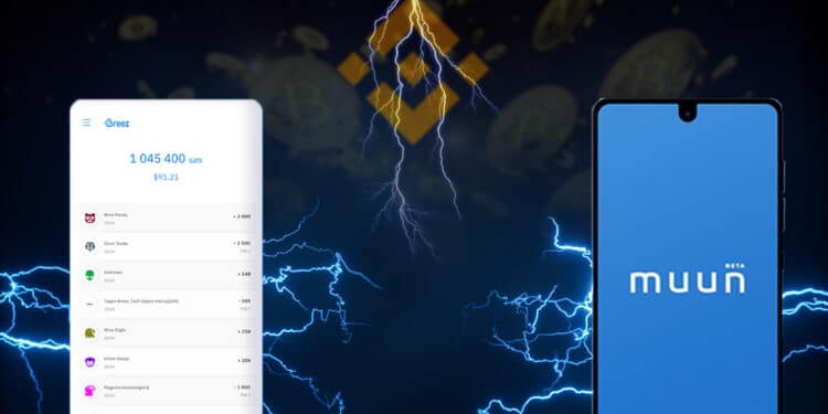 monederos Breez y Muun entre red de relampagos desconectada con logo de binance y monedas de bitcoin cayendo en el fondo