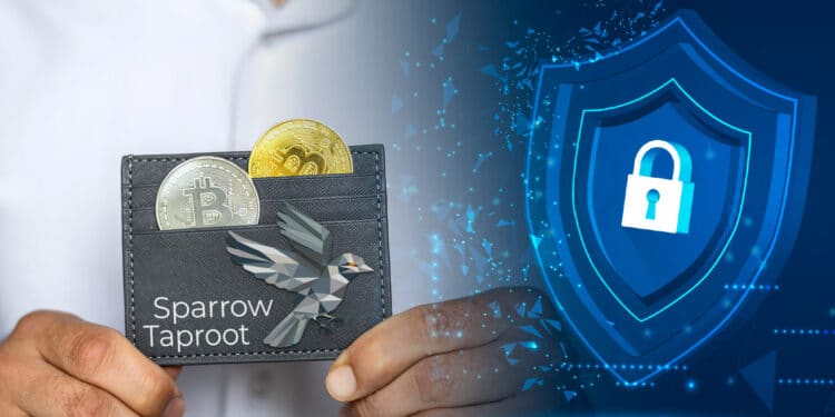 Logo de Wallet Sparrow, billetera con bitcoin y candado de seguridad.