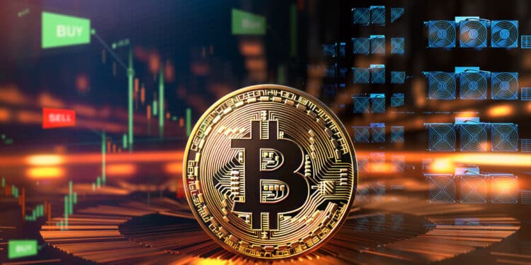 moneda de bitcoin entre grafico de precio y mineros asic