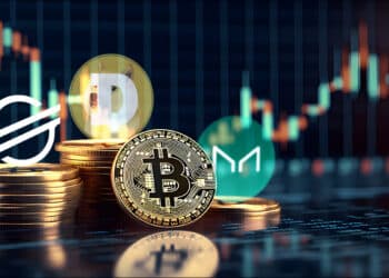 monedas de bitcoin apoyada en monedas apiladas con logos de criptomonedas y grafico de precio en el fondo