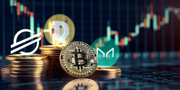 monedas de bitcoin apoyada en monedas apiladas con logos de criptomonedas y grafico de precio en el fondo