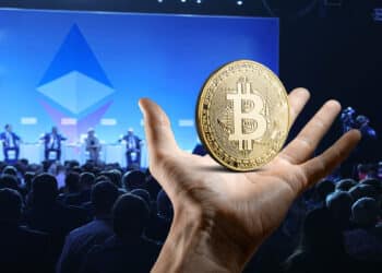 moneda de bitcoin sobre mano con conferencia de Ethereum en Francia