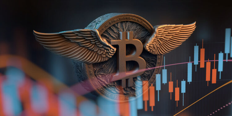 Bitcoin con alas y grafico de mercado.