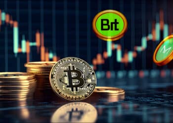 moneda de bitcoin apoyada en monedas apiladas con monedas de BitDAO, MakerDAO y grafico de precio en alza en el fondo