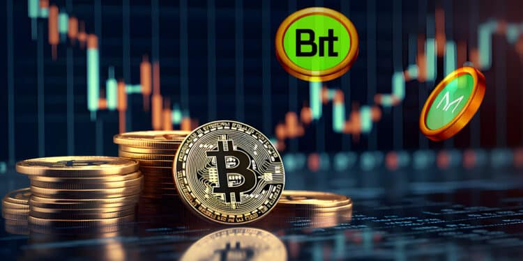 moneda de bitcoin apoyada en monedas apiladas con monedas de BitDAO, MakerDAO y grafico de precio en alza en el fondo