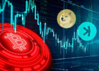 Bitcoin rojo, Dogecoin y Kaspa.