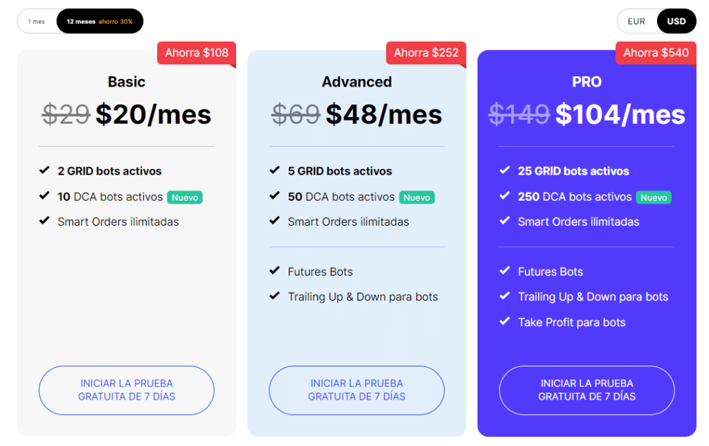 Planes de suscripción de Bitsgap y sus descuentos en trading bots de bitcoin.