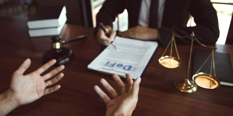 persona criticando documento legal y juez en escritorio
