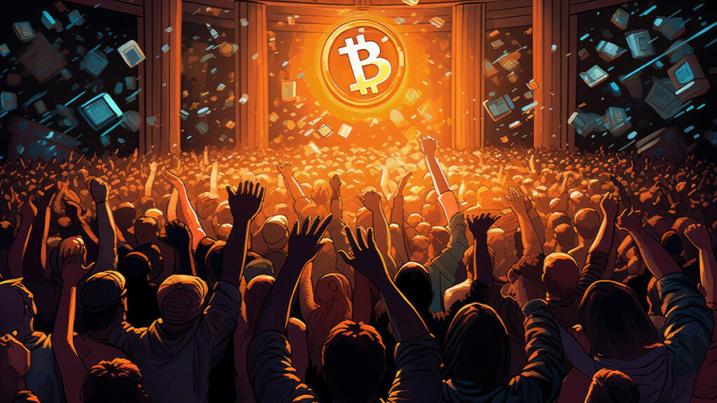 personas celebrando bitcoin
