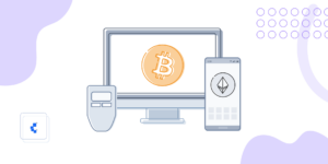 Una pantalla con un bitcoin, un móvil con un ethereum y una figura de trezor para simular las wallets de Bitcoin.