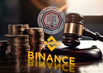 Logo de binance y CFTC junto a martillo de ley.