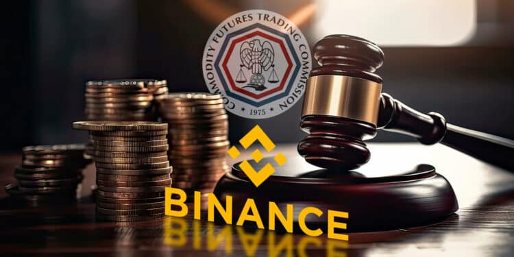 Logo de binance y CFTC junto a martillo de ley.