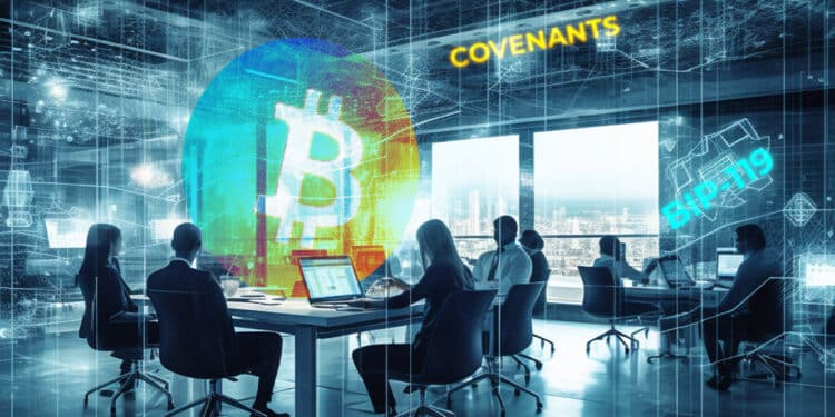 logo de bitcoin cambiando de color entre desarrolladores reunidos en mesa dentro de plataforma digital