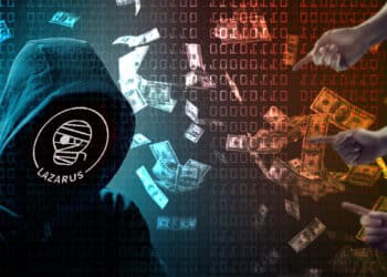 manos señalando a hacker con logo de Lazarus y billetes de dolares cayendo y codigo en el fondo