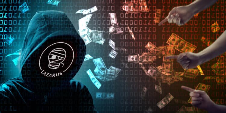 manos señalando a hacker con logo de Lazarus y billetes de dolares cayendo y codigo en el fondo