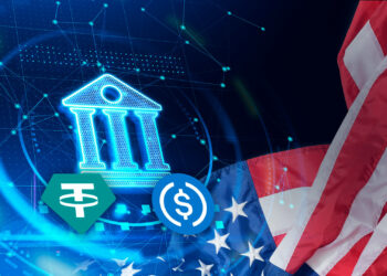 Banco, bandera de Estados Unidos y stablecoins.