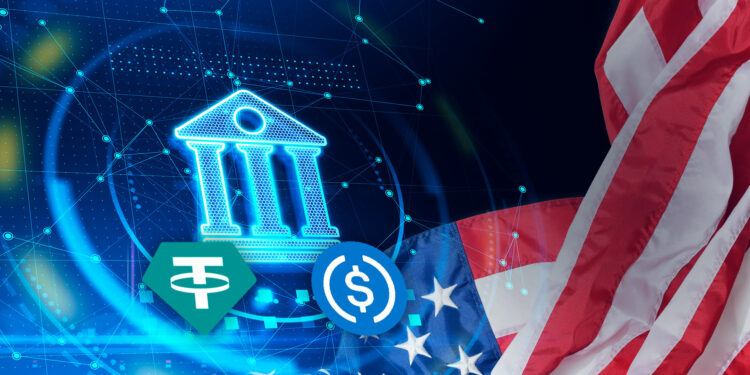 Banco, bandera de Estados Unidos y stablecoins.