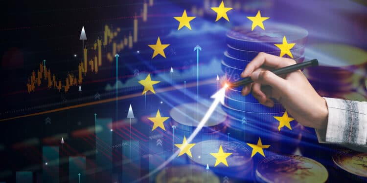 Bandera de Europa e inversiones en criptomonedas.