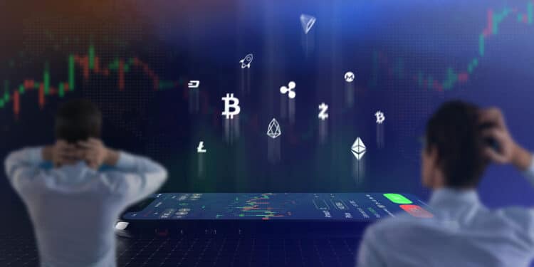 personas con gesto de duda observando logos de criptomonedas sobre telefono movil en plataforma de exchange y graficos de precio en el fondo