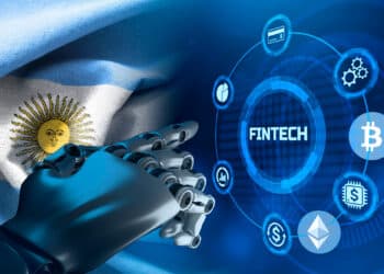 Criptomonedas, bandera de Argentina y fintech.