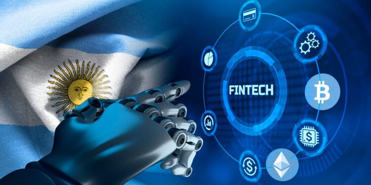 Criptomonedas, bandera de Argentina y fintech.