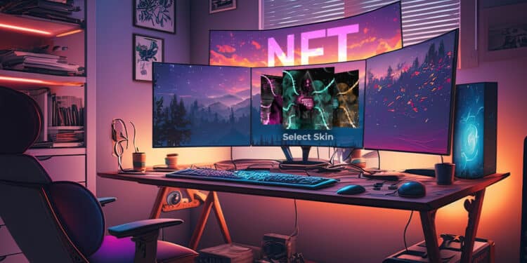 escritorio de gamer con sking de videojuego en pantalla