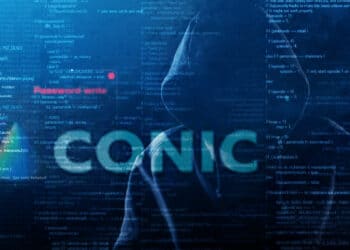 logo de Conic Finance sobre pantalla con codigo y hacker en el fondo