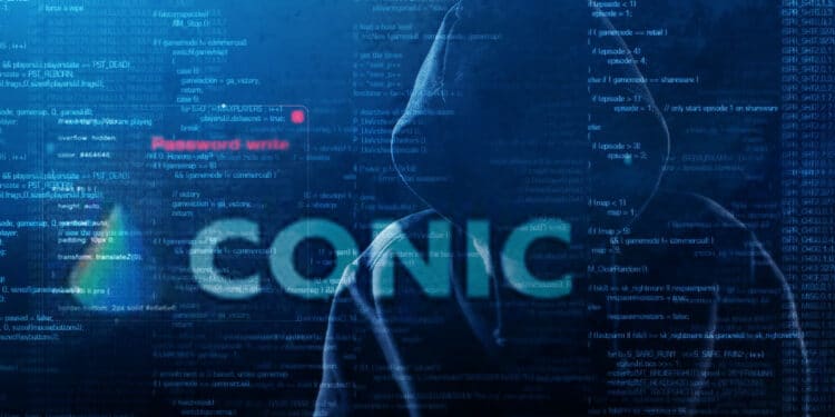 logo de Conic Finance sobre pantalla con codigo y hacker en el fondo