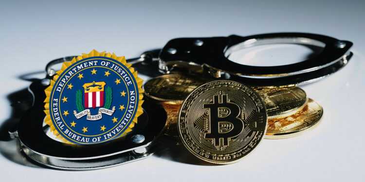 moneda de bitcoin y criptomonedas entre esposas con logo del FBI