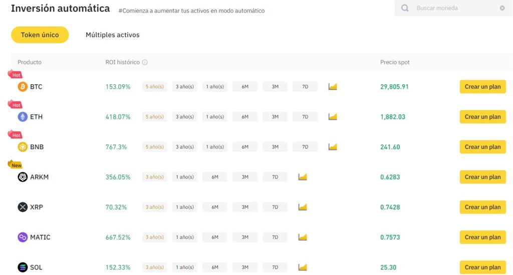listado de tokens ofrecidos por binance para la inversion automática