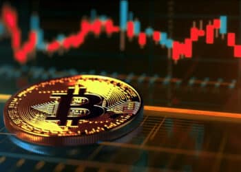 moneda de bitcoin sobre plataforma digital con grafico de precio en el fondo