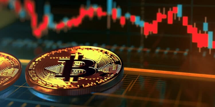 moneda de bitcoin sobre plataforma digital con grafico de precio en el fondo