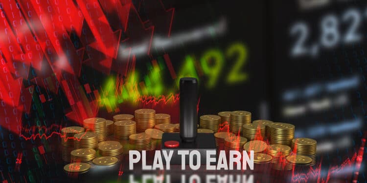grafico bajista sobre monedas rodeando control de videojuego de play to earn