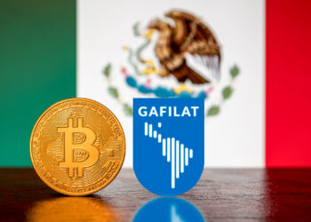 Bitcoin, logo de gafilat y bandera de México.