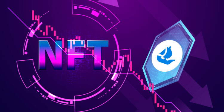 NFT en caída y logo de Open Sea