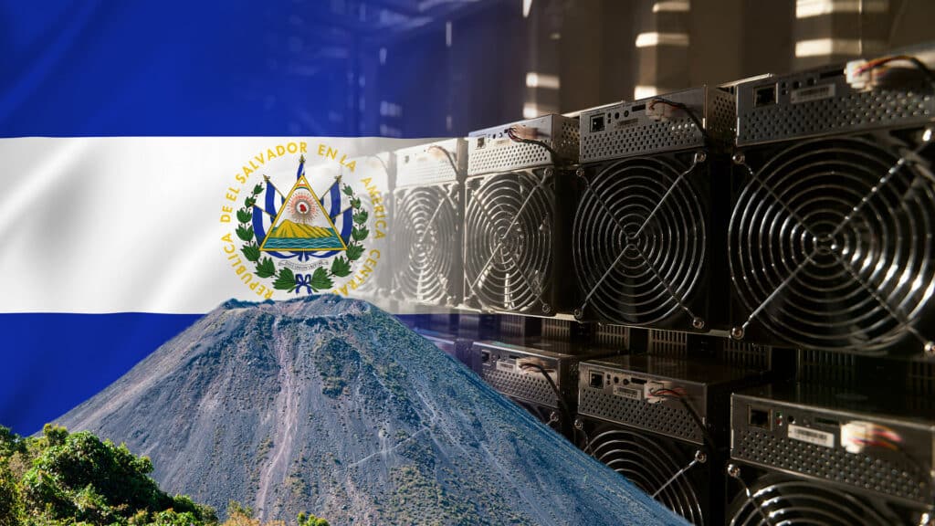 Bandera y volcán de El Salvador y pool de minería de bitcoin.