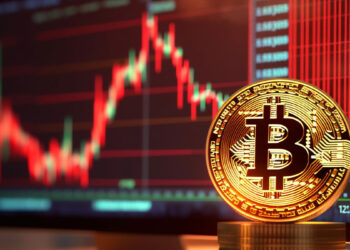 moneda de bitcoin con grafico de precio en baja al fondo