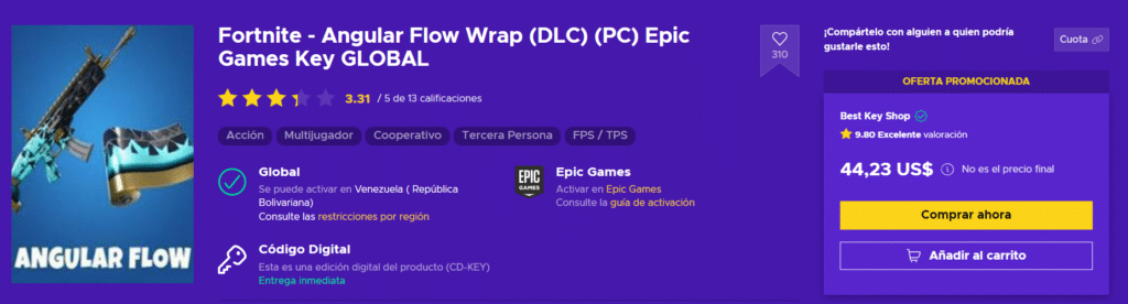 Precio de una arma en el Fornite.